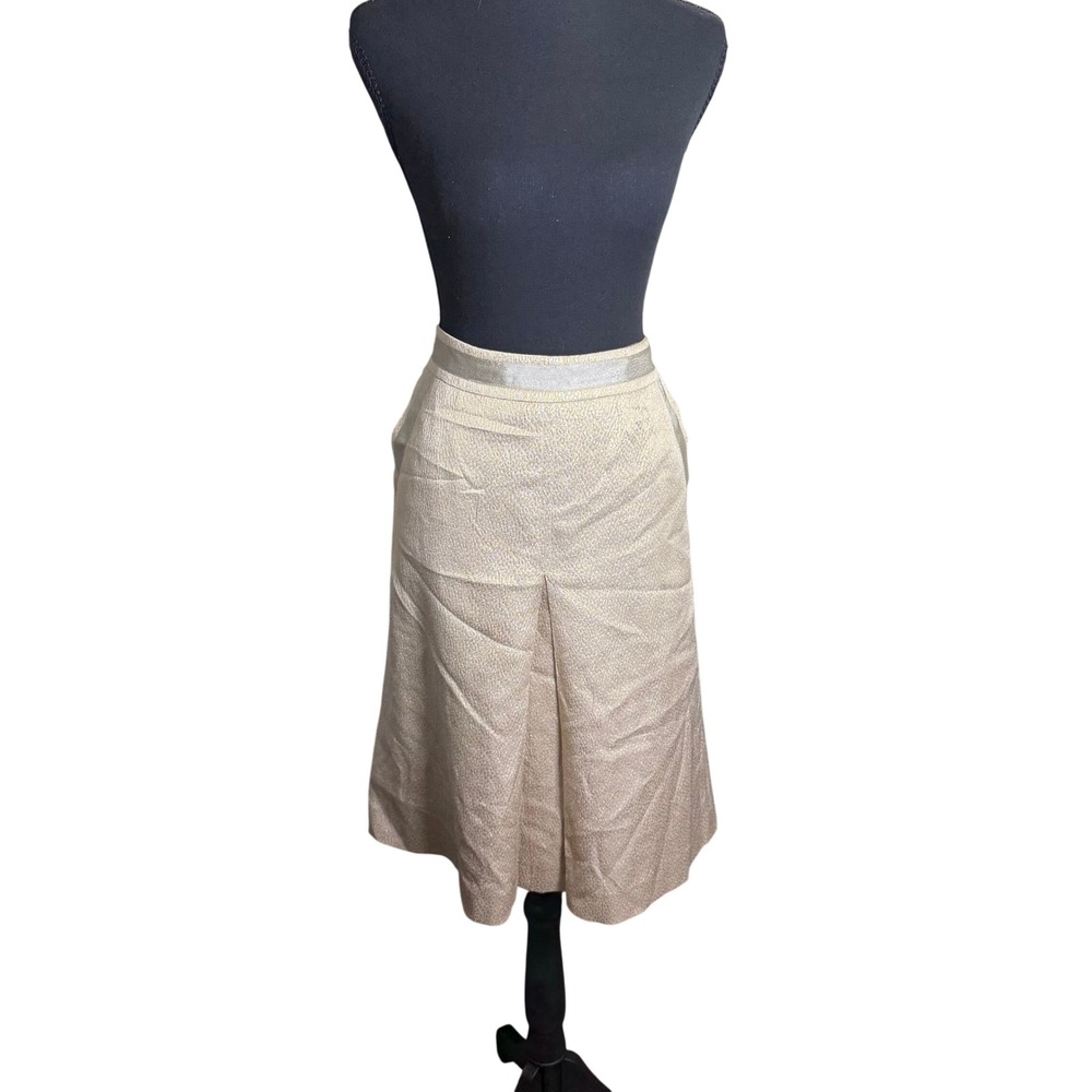 VTG 90' Cacharel Silk Midi Skirt Womens 32 Gold Metallic Ribbon Trim Poland